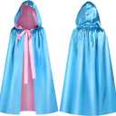 Haysandy Blue Fairy Hooded Cloak Costume, Polyester Cape Cosplay Cloak Princess Costume with Pink Ribbon for Women (3 ft)