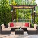Shintenchi 6 Pieces Patio Furniture Sets Outdoor All-Weather Sectional Patio Sofa Set PE Rattan Manual Weaving Wicker Patio Conversation Set with Glass Table&Ottoman Cushion and Red Pillows, Beige