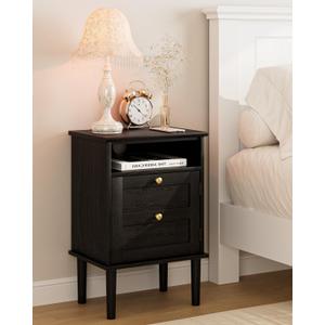 Nightstand, Boho Night Stand with 1 Drawers, Modern Side Accent Table with Open Shelf, Wooden Top Bedside End Table for Bedroom, Living Room, Black