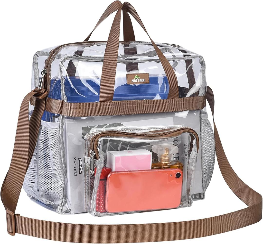 MAY TREE Clear Vinyl Tote Bag, 12 x 6 x 12 in, Brown, Suitable for Work, Travel, Sports, Office