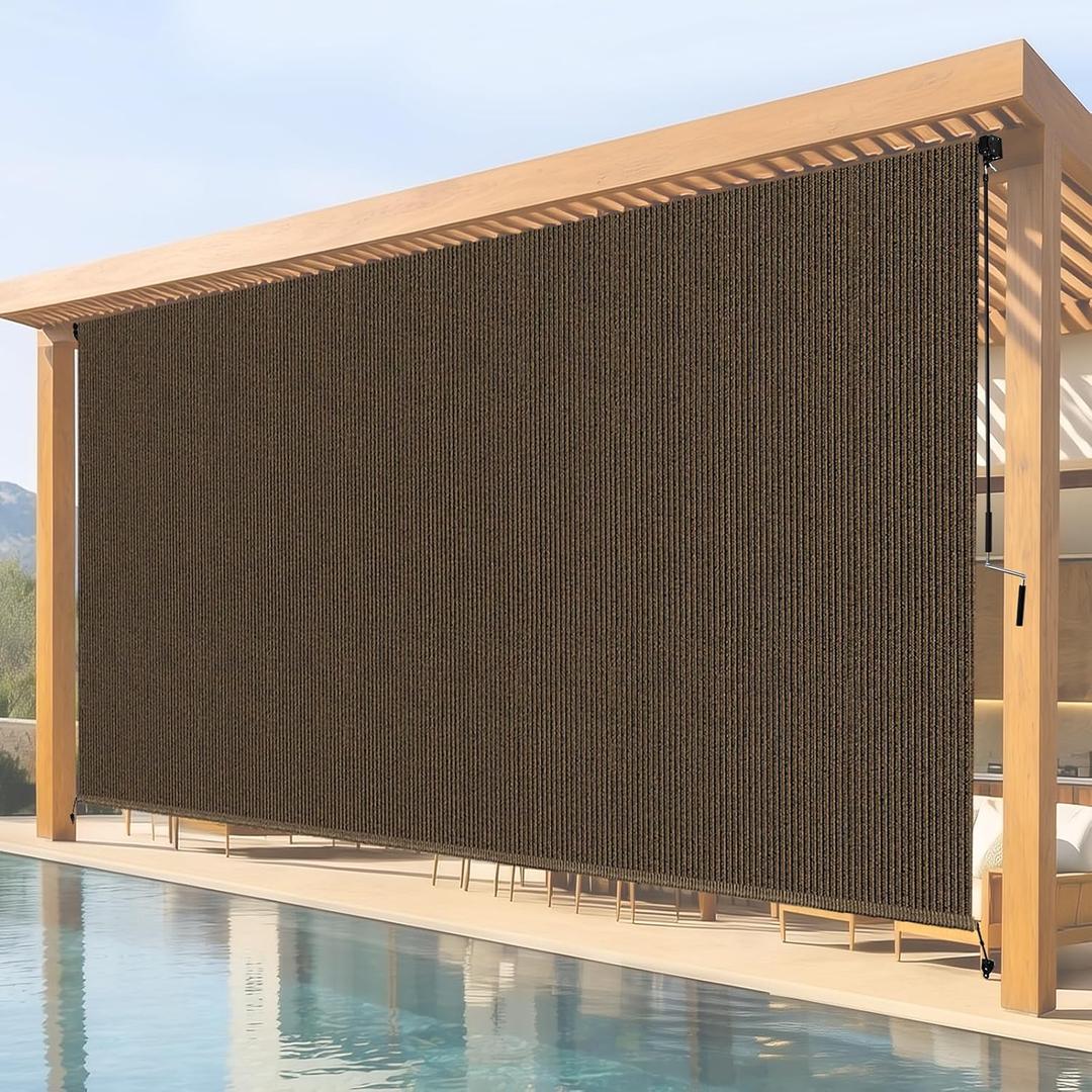 10'W x 8'H Mocha Outdoor Roller Shade with Crank Wand Patio Shades Roll up, Privacy Protection & UV Blocking for Pergola | Gazebo, 120"W x 96"H