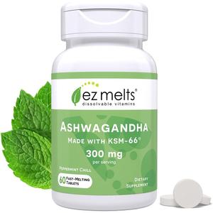 EZ Melts Dissolvable KSM-66 Ashwagandha, 300 mg, Sugar-Free, Stress, Sleep and Mood Support Supplement, 30-Day Supply, Peppermint Chill-Flavor, Expiration Date 07/2025