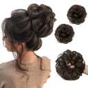 SARLA 2PCS Messy Hair Bun Hair Pieces Wavy Curly Synthetic Updo Fake Scrunchies Ponytail Extension for Women Dark Brown