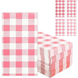 Pink Gingham Napkins Disposable Rectangle: 100PCS Checkered Paper 15.7x11.8 Inch for Dinner Party