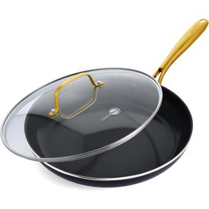 GreenPan Swift Cookware 12" Frying Pan Skillet with Glass Lid, Healthy Ceramic Nonstick Coating, Heavy-Gauge Aluminum, Gold-Tone Stainless Steel Handle, PFAS-Free, Dishwasher & Oven Safe, Black