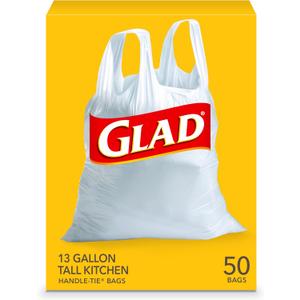 Glad Tall Kitchen Trash Bags 13 Gallon, Unscented Garbage Bags, Handle-Tie, 50 Count (White)