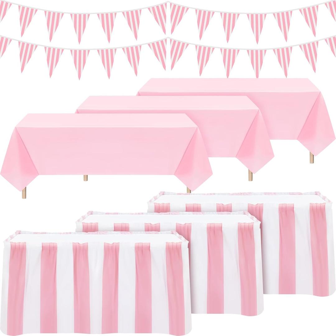 8 Pcs Pink Circus Theme Party Decors Disposable Table Skirts Pastel Circus Theme Tablecloths Pink White Striped Pennant Banners Carousel Party Decoration for Birthday Wedding Decor