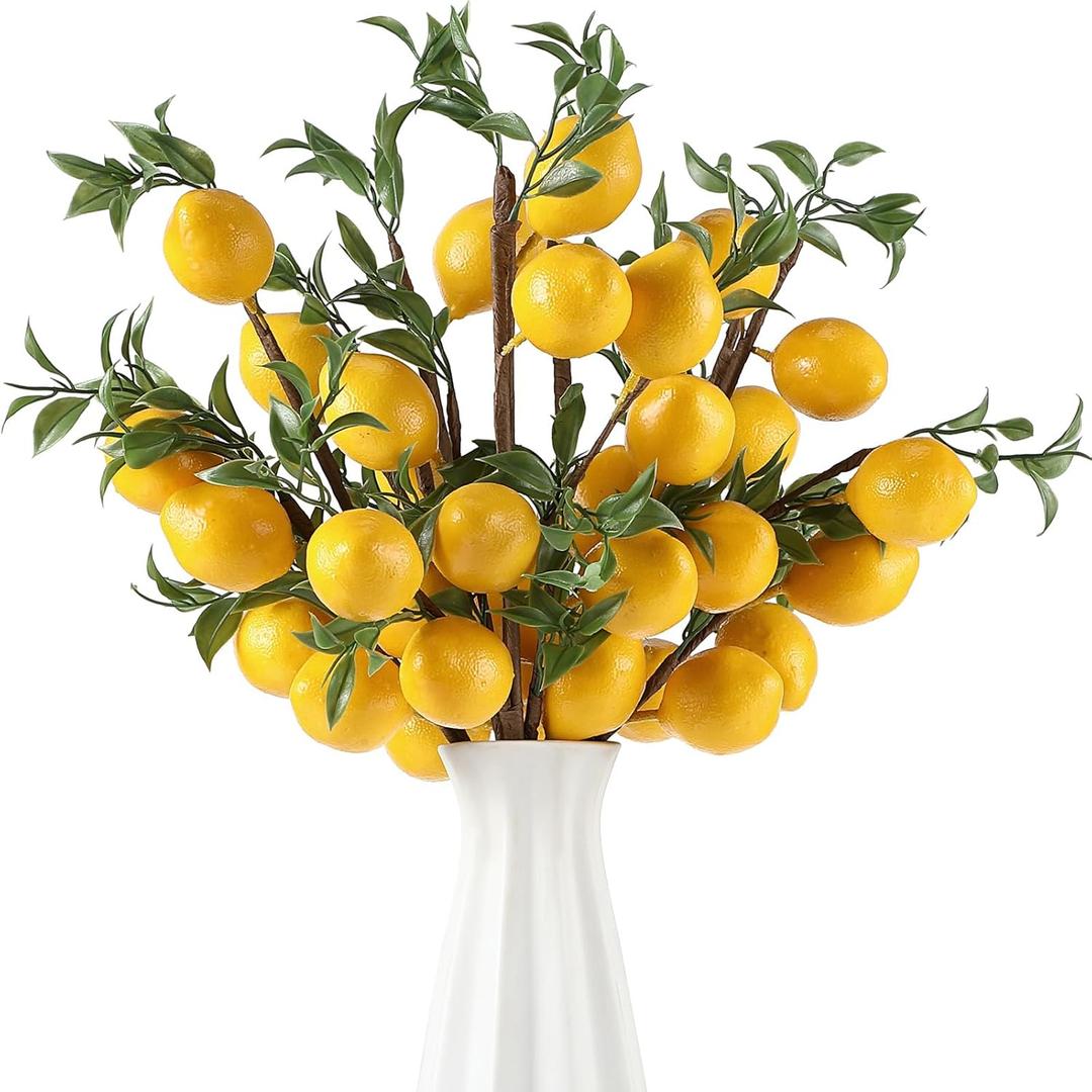 Giegxin 12 Pcs Artificial Lemon Decor 22.9 Inch Fake Lemons Branch Decoration Vivid Yellow Lime Branches 5 Head Faux Lime with Stem Decorations for Kitchen Table Vase Home Farmhouse Party