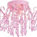 Q&S Mini Chandelier Crystal,Semi Flush Mount Pink Girl Chandelier, Small Crystal Ceiling Light Fixture Bedroom Bathroom Closet Nursery 3 Lights