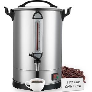 Coffee Percolator Large Coffee Maker 155 Cups Commercial Coffee Urn Electric Industrial Coffee Maker Hot Water Dispenser Machine for Catering, Church, Restaurant Dual Layer Stainless Steel 1500W 120V