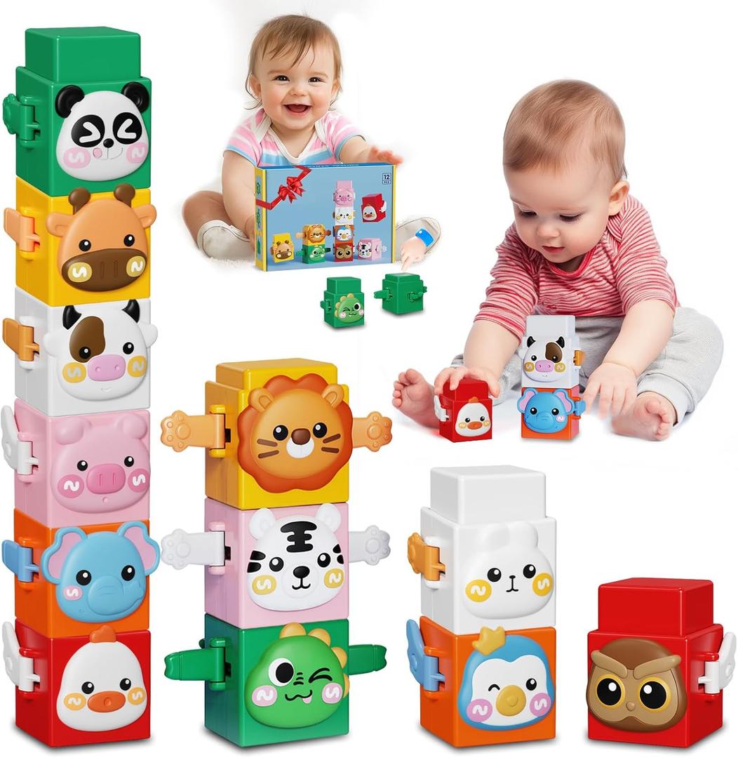 12 PCS Stacking Toys Set for Toddlers 18+ Months 1 2 3 4 Years Old Boys Girls Preschool Pressable Animals Stacking Blocks Sensory Toys with Cute Expressions Fun Easter Birthday Gifts for Kids