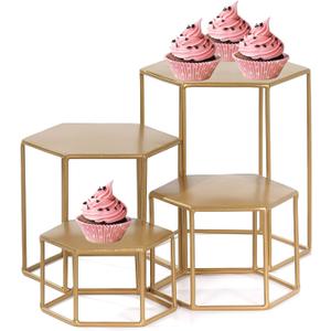 Set of 4 Metal Display Risers, Upgraded Hexagonal Nesting Buffet Riser Set, Modern Brass Buffet Display Stands for Food, Food Display Risers for Buffet Cupcake Small Potted Plants - Medium