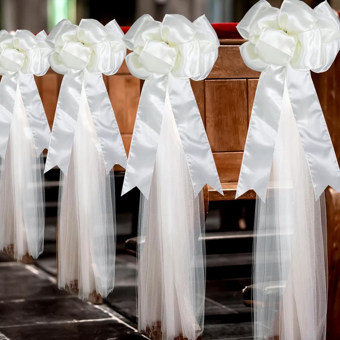 12 Pcs Large Wedding Pew Bows Ivory White 15.7" x 7.9" Satin Bow with 98.5 ft Fabric Tulle Church Chair Ceremony Aisle Decor for Wedding Dress Bowknot Bridal Shower Birthday(Pull Bow)