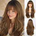 HAIRCUBE Long Ombre Brown with Highlight Wig with Bangs Layered Curly Wigs for Women Natural Synthetic Wigs for Daily Use (pelucas de cabello natural)