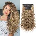 REECHO Curly Hair Extensions, 4PCS 20 inch Clip in Hair Extensions Lace Weft Short Curly Extensions Clip Ins Invisible Natural Hairpieces for Women, Light Brown with Blonde Highlights