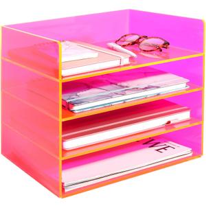 Gelite Acrylic File Organizer for Desk 4 Tiered Stackable Letter Tray Office Paper Storage Desktop Document Sorter, Neon Pink