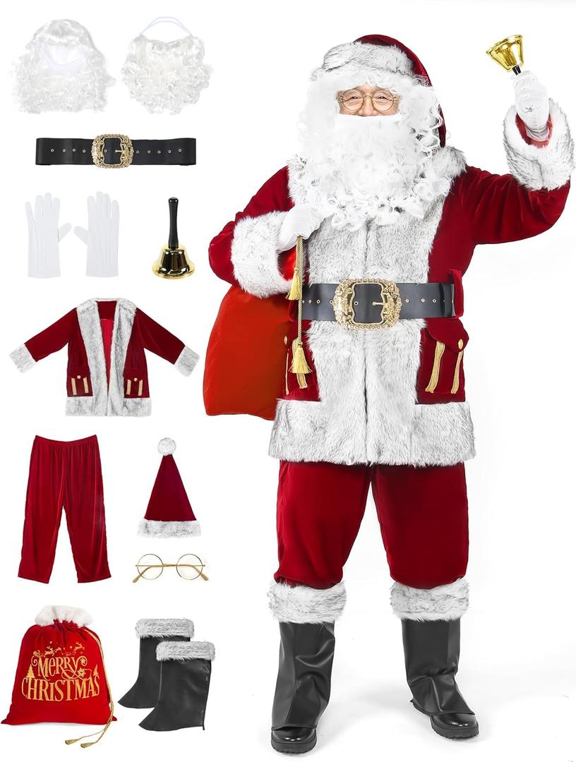LETIME Santa Claus Costume for Men Adults 11 Pieces Professional Santa Suit for Xmas Deluxe Outfit Cosplay Party Holiday (Large, Red)