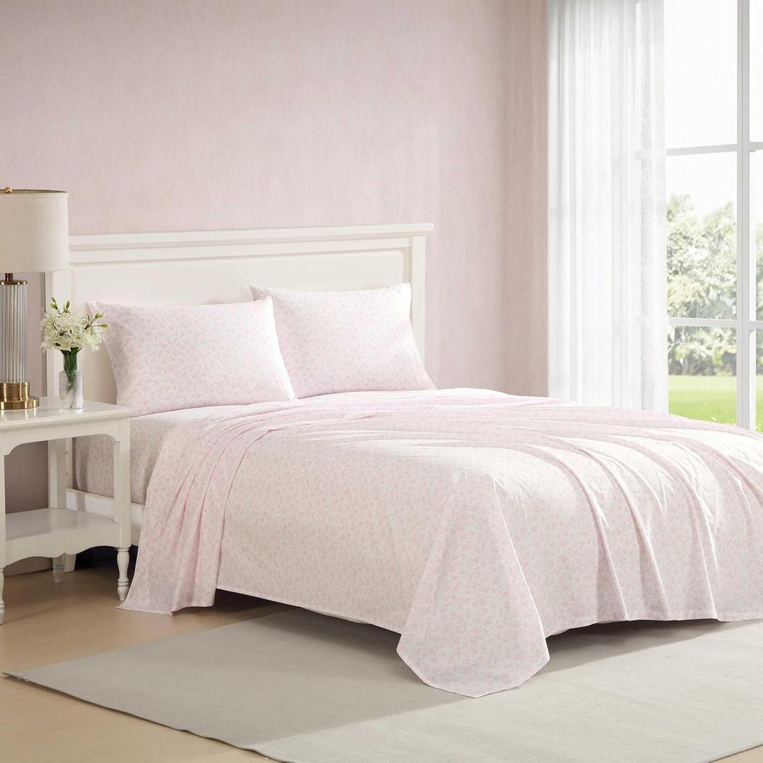 Laura Ashley - Full Bed Sheets, Crisp & Cool Cotton Percale Bedding with Matching Pillowcases, Lightweight Bed Set, Oeko-Tex Certified (Floral Toile Pink)