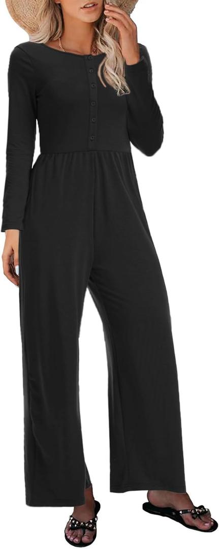 Womens Casual Jumpsuits One Piece Loose Stretchy Long Sleeve Fall Jumpsuit Wide Leg Long Pants Rompers with Pockets (Black, L)