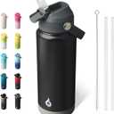 BJPKPK Water Bottle with Straw Lid, 24oz Vacuum Insulated Water Bottles, Metal Stainless Steel Thermos for Sports, Travel, BPA Free Leak Proof Thermos, Cups, Flasks, Tumblers,Black