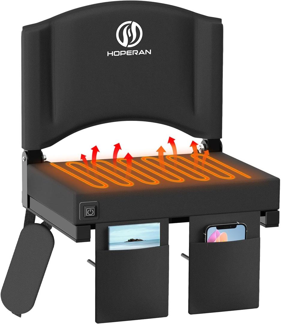 HOPERAN Heated Stadium Seats for Bleachers with Back Support, 3 Levels Heating Bleacher Chairs with Back and Cushion, Folding Bleacher Seat, Lightweight Portable Stadium Chair with Shoulder Strap