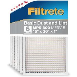 Filtrete 16x20x1 AC Furnace Air Filter, MERV 5, MPR 300, Capture Unwanted Particles, 3-Month Pleated 1-Inch Electrostatic Air Cleaning Filter, 6-Pack (Actual Size15.69x19.69x0.81 in)