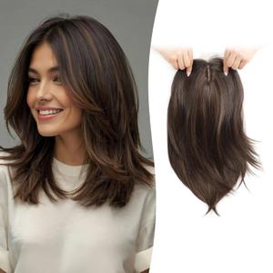 Hair Topper 12inch Clip in Synthetic Hair Toppers for Women with Thinning Hair Layered 6.5"X6.5" Big Base Toppers Hair Pieces for Women Natural Look Medium Brown with Highlights