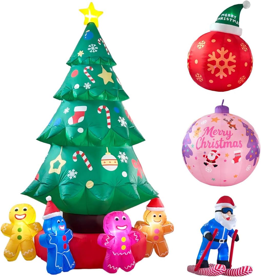 9ft Christmas Tree Decoration with Gingerbread Men Inflatable Outdoor Indoor Decor, Giant Blow Up Weatherproof Xmas Decorations for Yard, Built-in LED Rotating Light for Gardern Lawn Winter Holiday