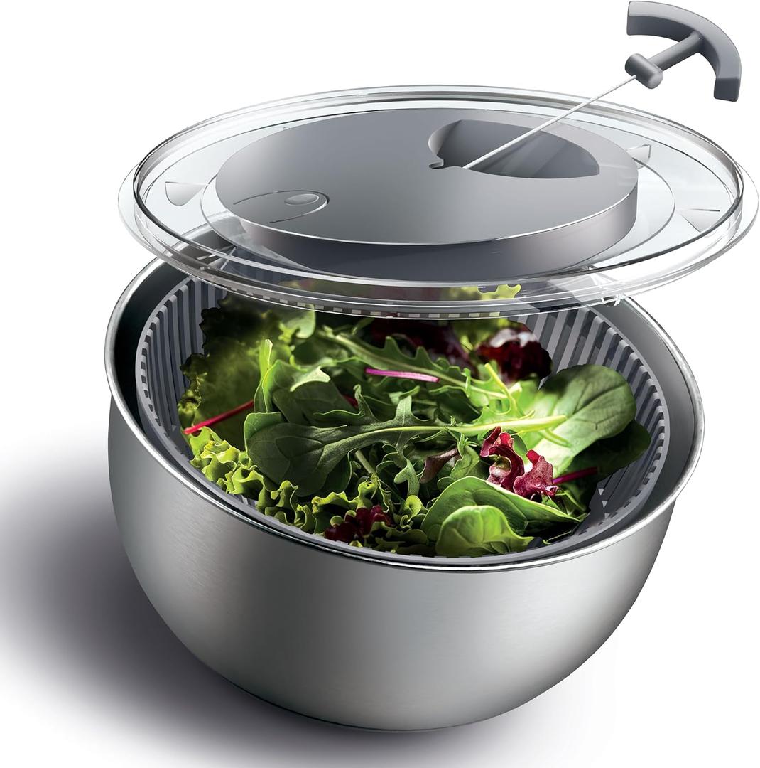 COOK WITH COLOR Stainless Steel Salad Spinner - 5 Qt. Lettuce Washer And Vegetable Spinner Dryer for Easy Salad Prep - Non Slip Base with Pull Handle - Auto Stop Brake System, Stain and Odor Resistant (Gray)