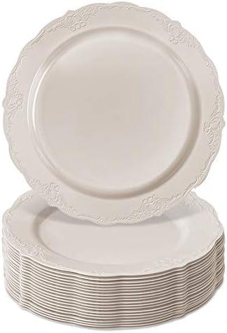 SILVER SPOONS 10.25" DISPOSABLE DINNERWARE PLATES | Premium Reusable Plastic | Vintage - Cream | 60 Pieces