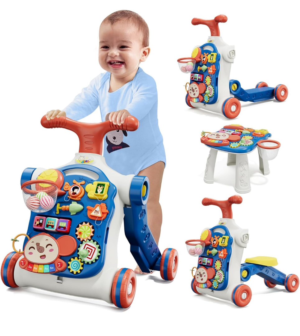 HYES 5 in 1 Baby Push Walker for Baby Boy, Activity Center Learning to Walk, Sit to Stand, Early Learning Push Toys for Infant 12 Months, Walking Toys Gift for Toddler Boys, Blue