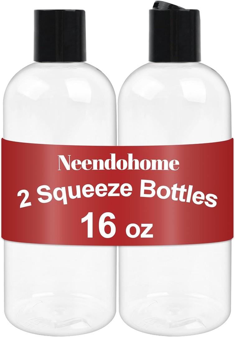 16 oz BPA Free Plastic Suqeeze Bottles with Black Disc Caps Refillable Travel Containers for Toiletries Shampoo conditioner Lotions Liquid Soap Shower Gel (2Pack, Clear)