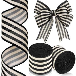 Moukeren 2 Rolls Black and Cream White Stripe Wired Edge Ribbon Halloween Rustic Ivory Boho Black and White Ribbon for Christmas Party Gift Wrapping Bow DIY Craft Home Decor(2 Inch, 20 Yard)