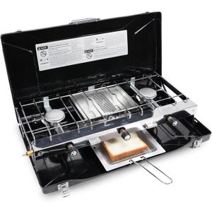 3-Burner Propane Camping Stove - Portable Stove with Adjustable Burners, Wind Guards, Toast Tray, 20,400 BTUs for Camping, Tailgating, BBQ, Picnics