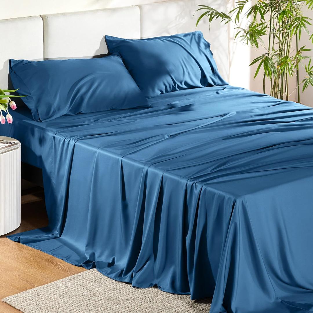 Bedsure Queen Sheet Set, Rayon Derived from Bamboo, Cooling Sheets, Deep Pocket Up to 16", PureWoven, Breathable & Soft, Hotel Luxury Silky Bedding for Hot Sleepers, Teal