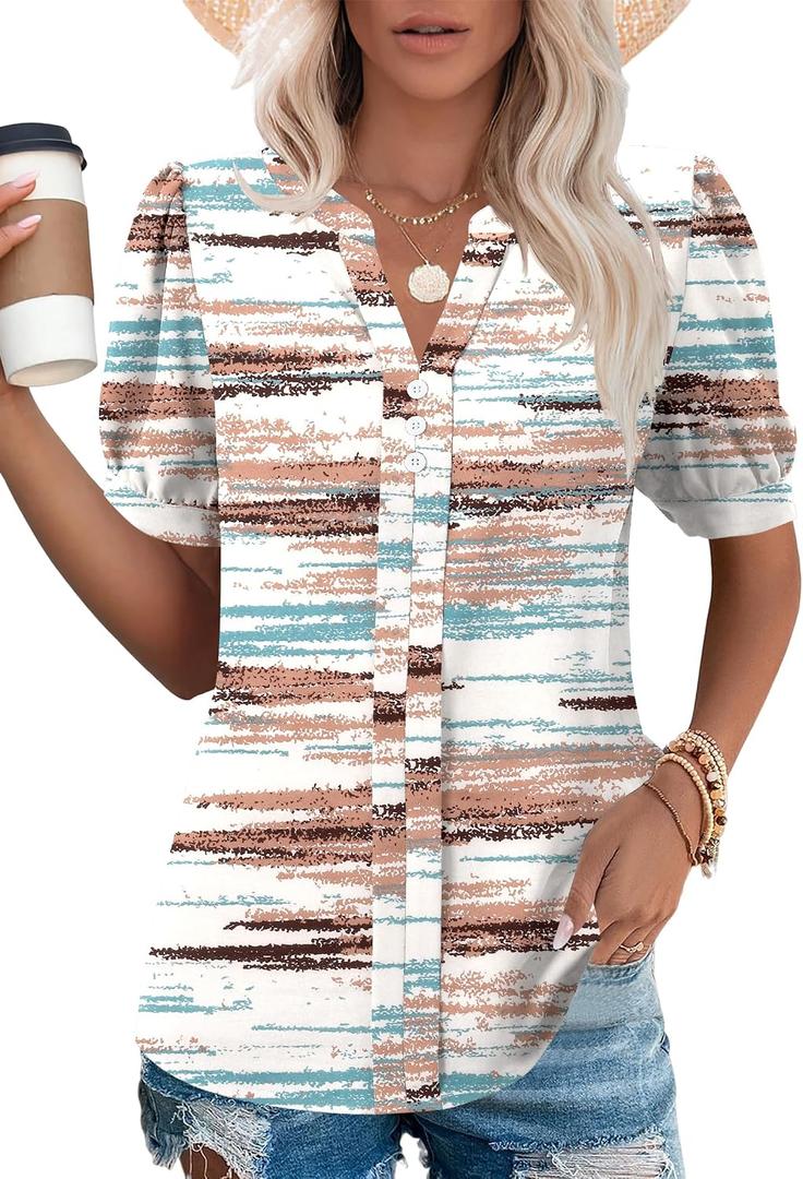 Kistore Women's Short Sleeve Tops Dressy Casual Business Work Blouses V Neck Chiffon Top Office Shirts (XL)