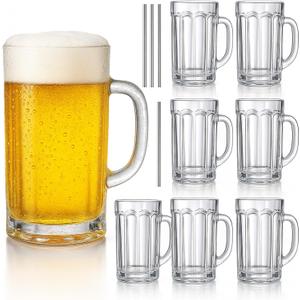 ZENFUN 8 Pack Glass Beer Mugs, 14 Oz Heavy Wine Glasses with Handle & Stainless Steel Straws, Large Beer Glass Steins Pub Drinking Mugs for Juice, Iced Tea