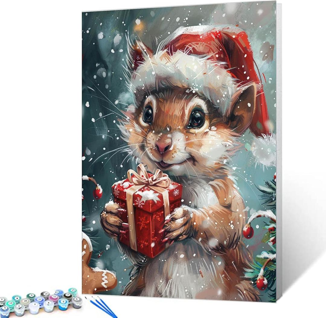Tucocoo Cute Squirrel Paint by Numbers for Adults Red Christmas Box DIY Oil Painting Acrylic Paints Artwork Art Craft for Home Wall Decor Pictures 16"x20" Unframed (PBN-Xmas Animal 04)