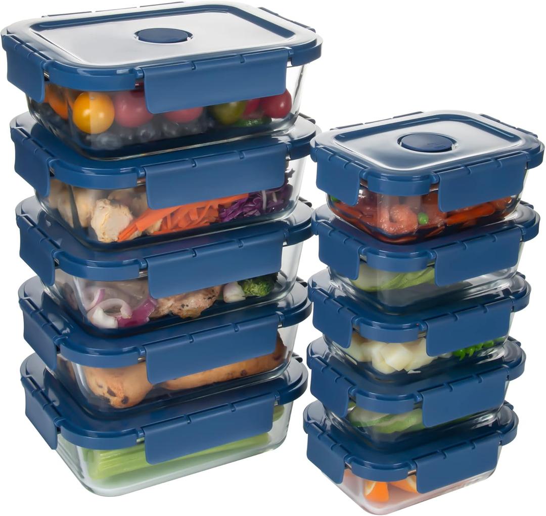 Glass Food Storage Containers 10 Pack, Meal Prep Containers with Snap Locking Lids Airtight Built in Air Vents, Glass Lunch Containers, Microwave/Dishwasher Safe, Navy Blue