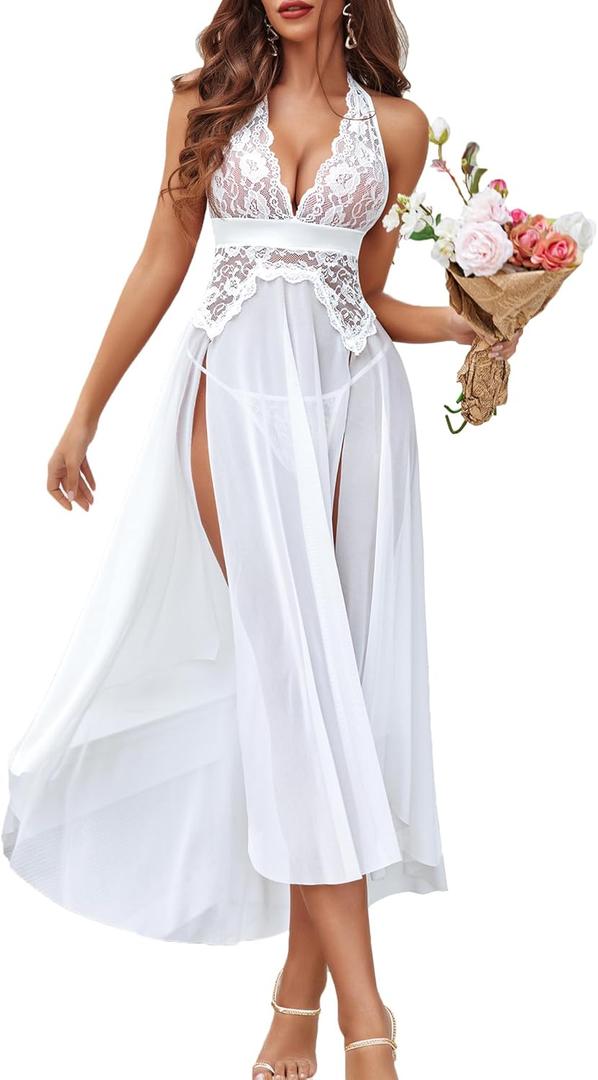 Avidlove Women Lingerie Deep V Neck Nightwear One Piece Sexy Nightgowns Mosaic Lace Mesh Dress (Medium, Bridal White)
