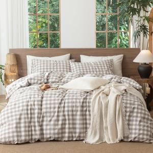 MooMee Gingham Duvet Cover Set 100% Washed Cotton Linen Like Textured Breathable Durable Soft Comfy Modern Checkered Design (Buffalo Plaid Tannish Linen Grey, King 104"x90")