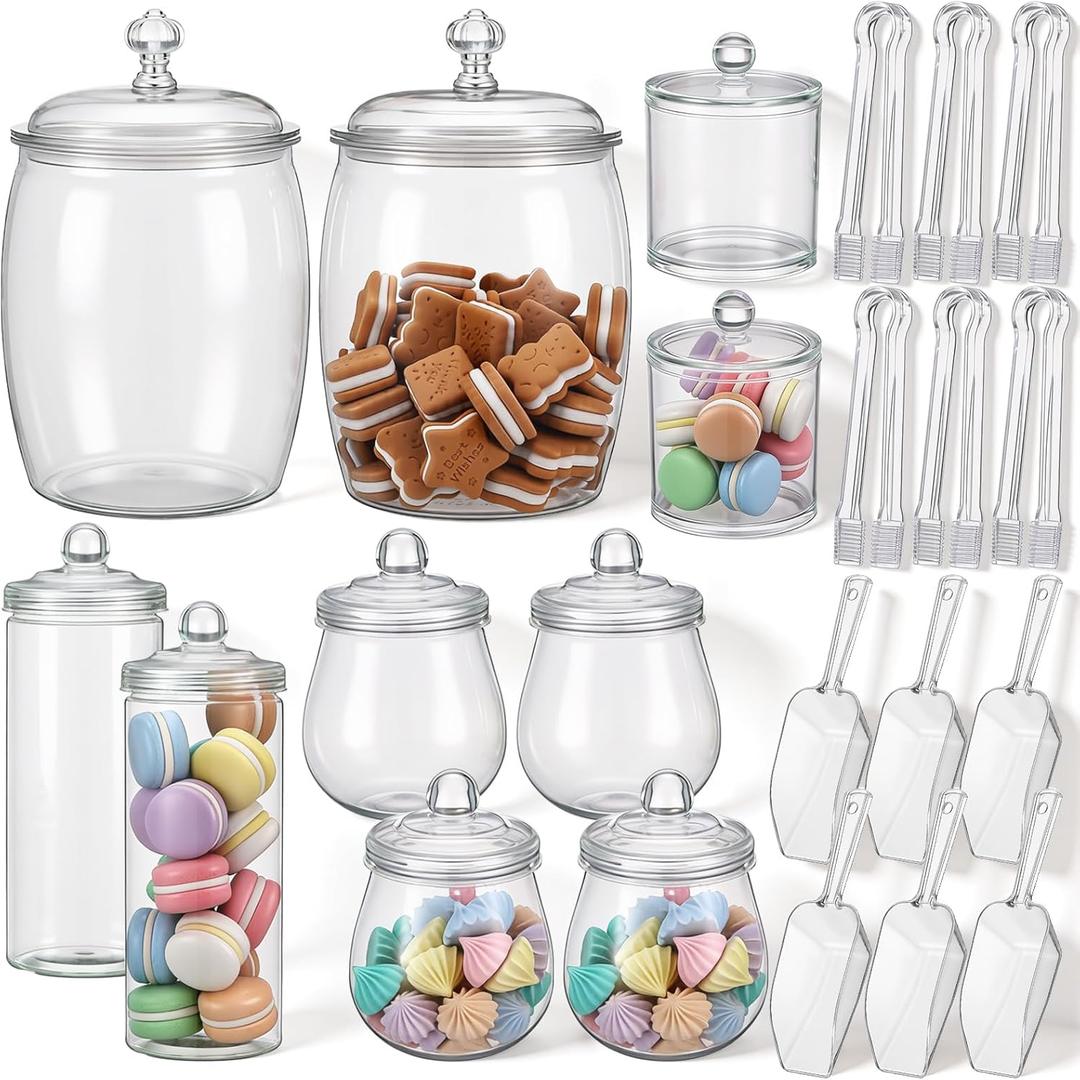 Suclain 10 Pcs Plastic Candy Jars with Lids Apothecary Jars with 6 Set Ice Tongs and Scoops Cookie Jar Candy Buffet Containers Candybar Supplies for Graduation Gift Birthday Party Wedding Decoration