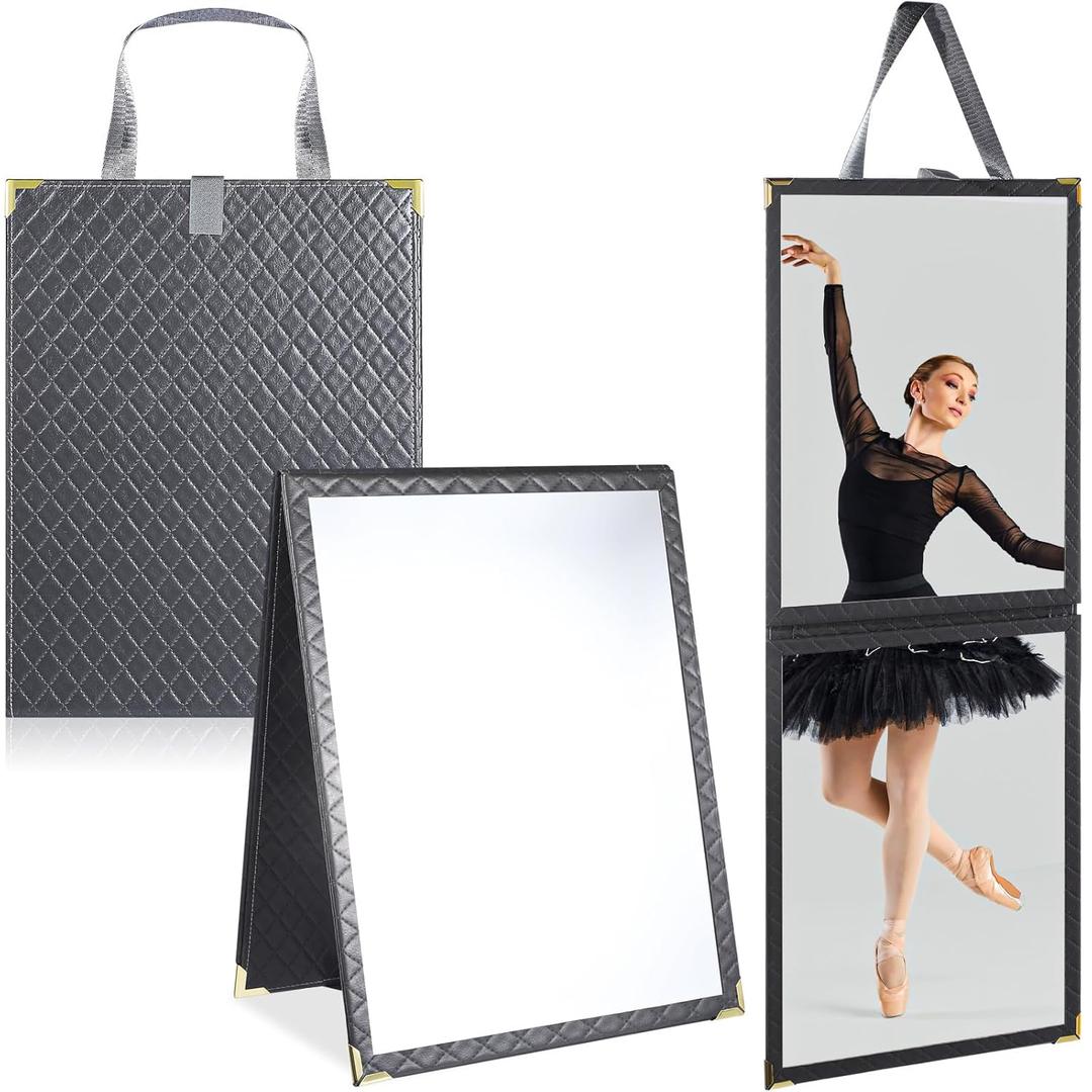 Foldable Backstage Mirror with Handle Leather Folding Hanging Mirror Rectangular for Travel Dance Bag Home Fitness Spa Gift for Dancers (Grey,33.5" l*13.4" w)