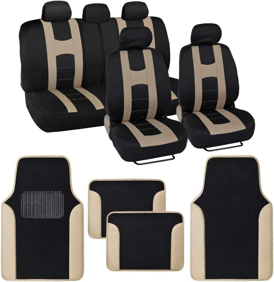 BDK CarXS Beige Car Seat Covers Full Set with Matching Set of Floor Mats for SUV & Truck Truck Front Seats & Rear Bench Cover Seats Protector Car Mats Full Set Interior Seat Covers