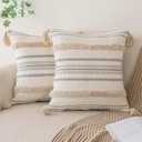 Boho Throw Pillow Covers 18x18 Set of 2 Woven Tufted Farmhouse Pillows Cover with Tassels Textured Striped Cushion Case Neutral Pillow Cases Decorative Pillowcase for Sofa, Couch, Bed, Khaki (18" x 18" (Pack of 2))