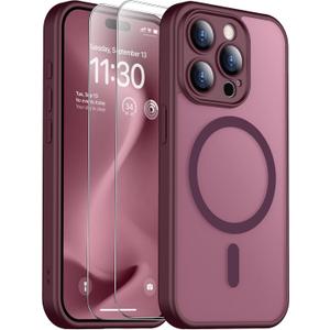 SPIDERCASE Designed for iPhone 15 Pro Case, Magnetic with [2 Tempered Glass Screen Protector] [Full Camera Protection] Anti-Fingerprint Anti-Scratch Cell Phone Case, Wine Red