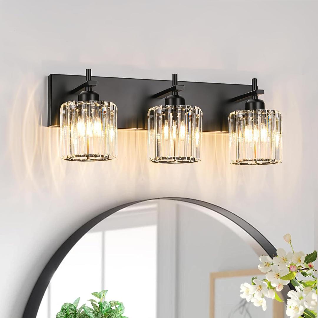 Black Crystal Bathroom Vanity Lights, Modern 3-Lights Bathroom Lighting Fixtures Over Mirror, Crystal Wall Lighting with Round Shade
