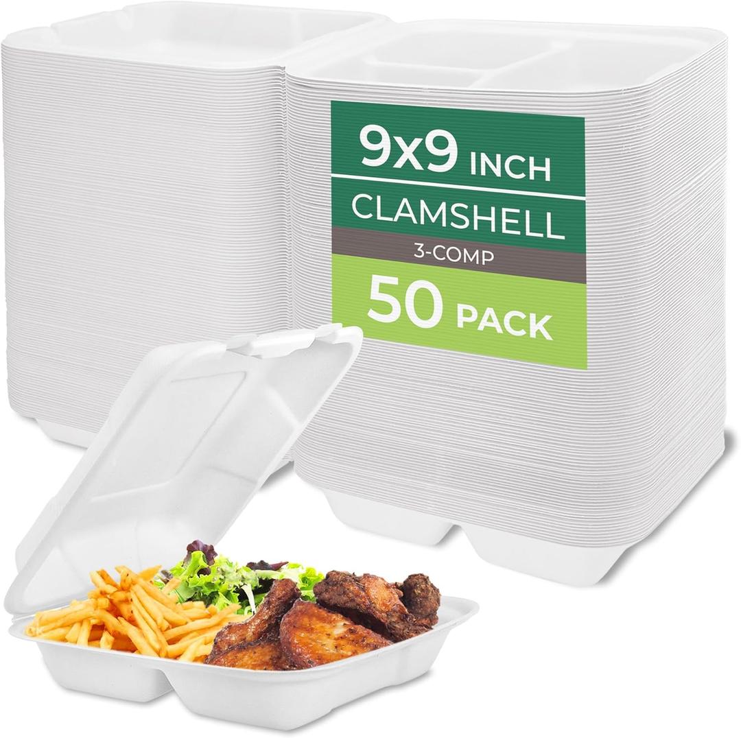 Freshware Clamshell Food Containers with Lids [9x9] 3-Compartment 50-Pack, Disposable To Go Containers, Biodegradable Sugarcane To Go Boxes - Paper Containers - Microwave & Freezer Safe, Stackable
