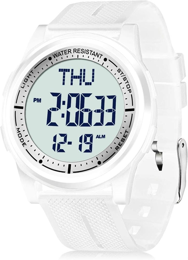 Beeasy Digital Watch Waterproof with Stopwatch Alarm Countdown Dual Time, Ultra-Thin Super Wide-Angle Display Digital Wrist Watches for Men Women (White)