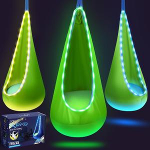 Light Up Kids Pod Swing Seat, Upgraded Kids Hanging Hammock Swing with LED Lights, Cotton Sensory Pod Swing Chair with Inflatable Pillow, Pod Swing for Kids Indoor & Outdoor (1 PCS) (Green)